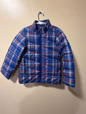 Patagonia Kids Plaid Blue and Pink Puffer Jacket